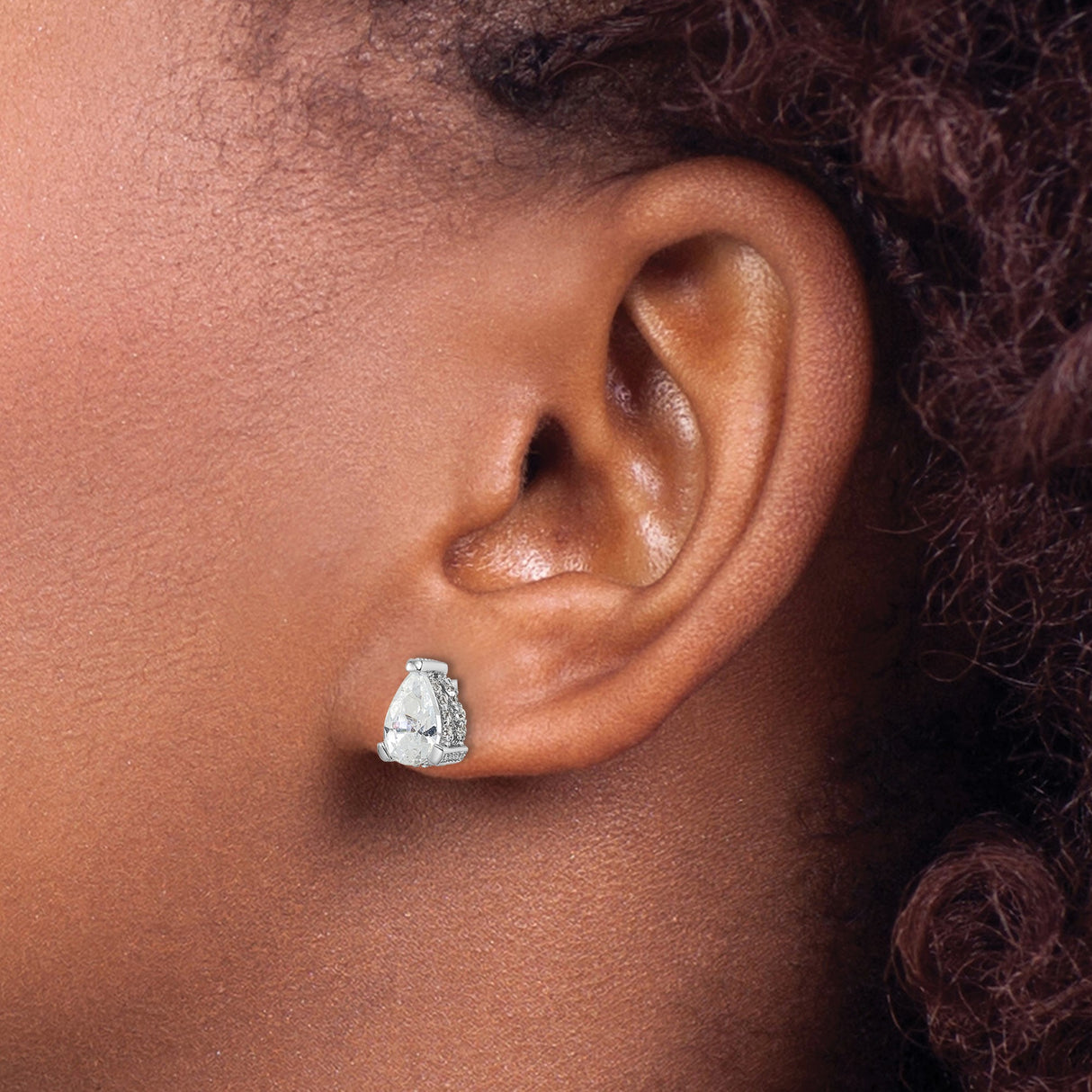 Sterling Silver Stud Earrings with Pear-Shaped Clear Cubic Zirconia and Halo Accents