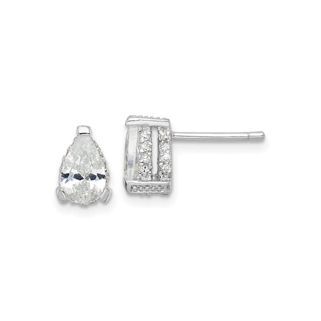 Sterling Silver Stud Earrings with Pear-Shaped Clear Cubic Zirconia and Halo Accents