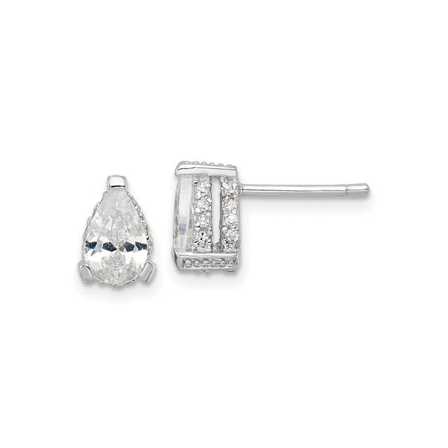 Sterling Silver Stud Earrings with Pear-Shaped Clear Cubic Zirconia and Halo Accents