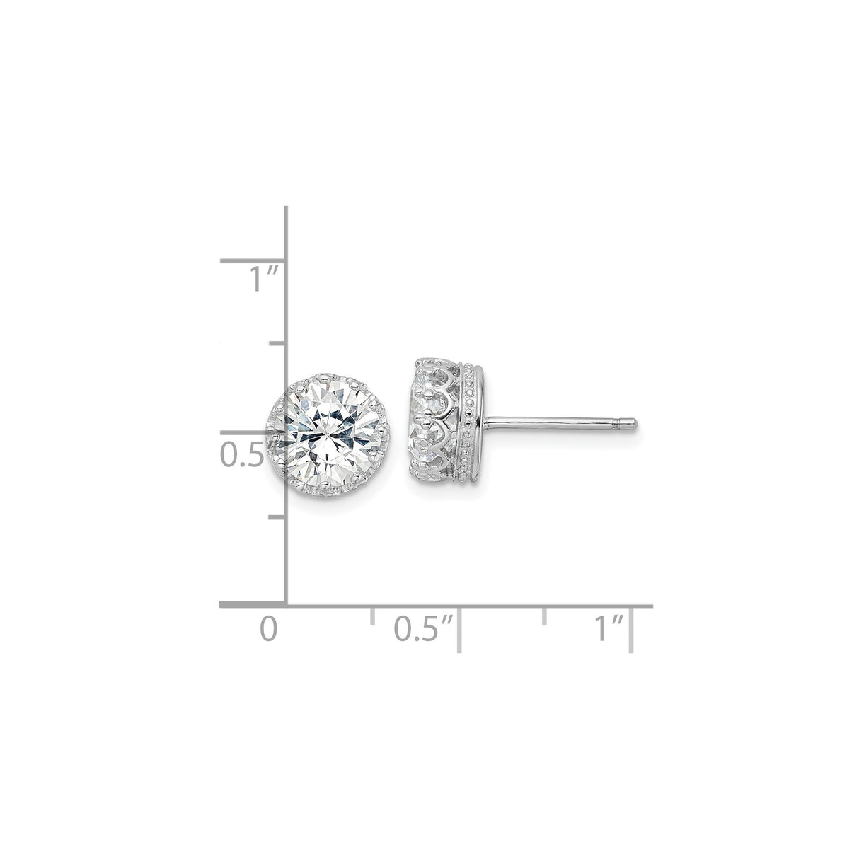 Sterling Silver Stud Earrings with Large Round Cut Cubic Zirconia in Vintage Crown Setting