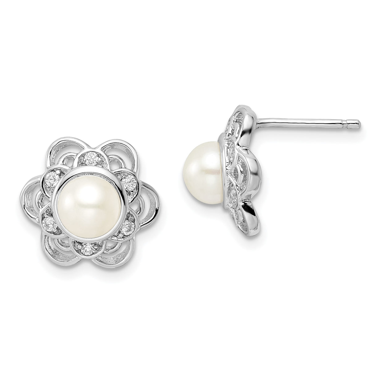 Sterling Silver Pearl Stud Earrings with Cubic Zirconia Accents, Floral Design for Women