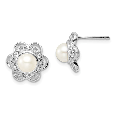 Sterling Silver Pearl Stud Earrings with Cubic Zirconia Accents, Floral Design for Women
