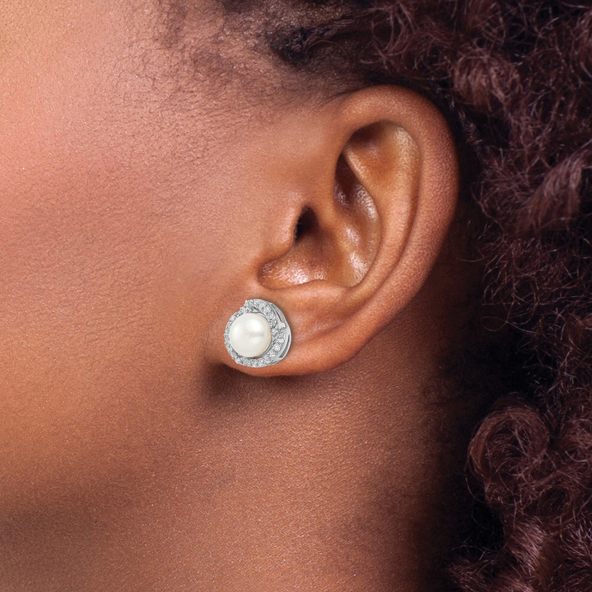 Sterling Silver Pearl Stud Earrings with Cubic Zirconia Halo, Bridal Jewelry for Women