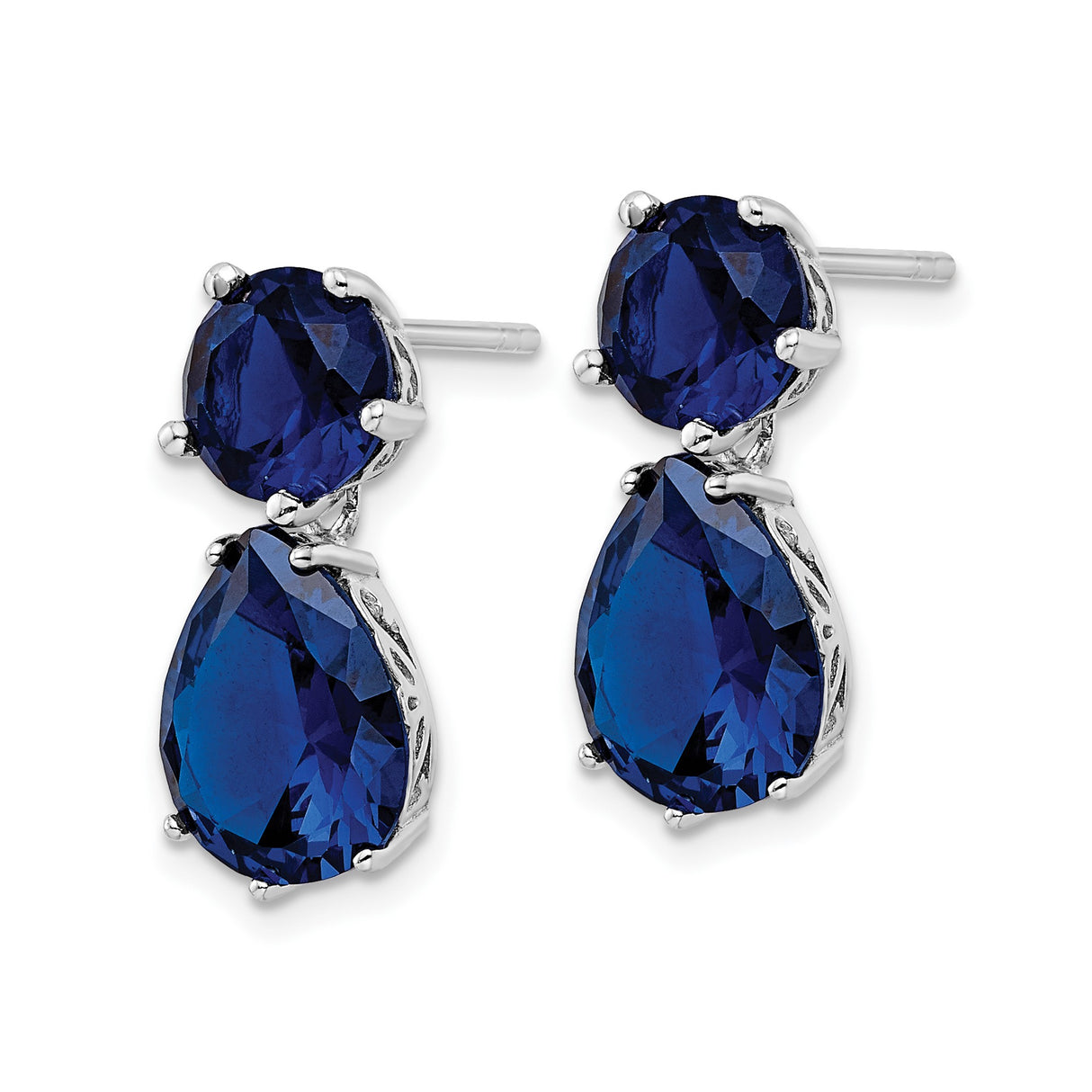 Sterling Silver Drop Earrings with Deep Blue Cubic Zirconia, Openwork Sides, Evening Style