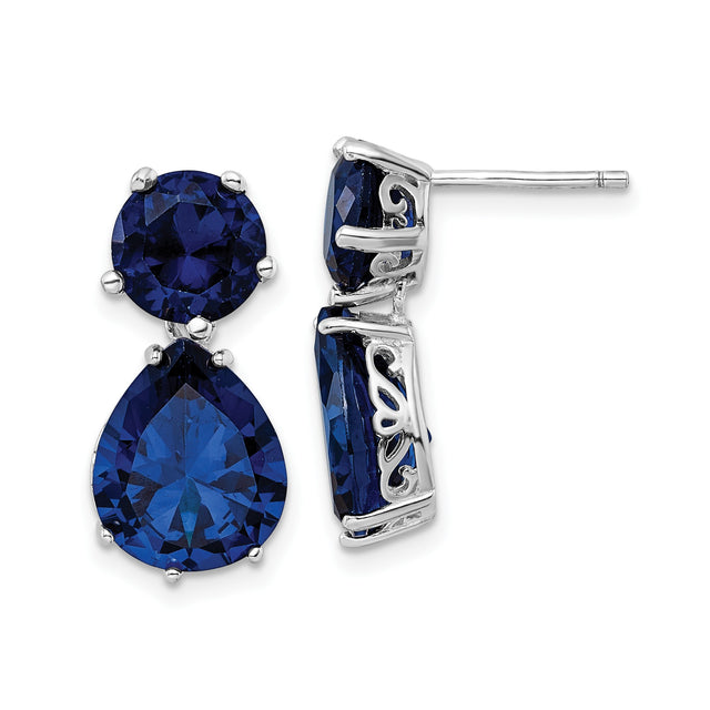 Sterling Silver Drop Earrings with Deep Blue Cubic Zirconia, Openwork Sides, Evening Style