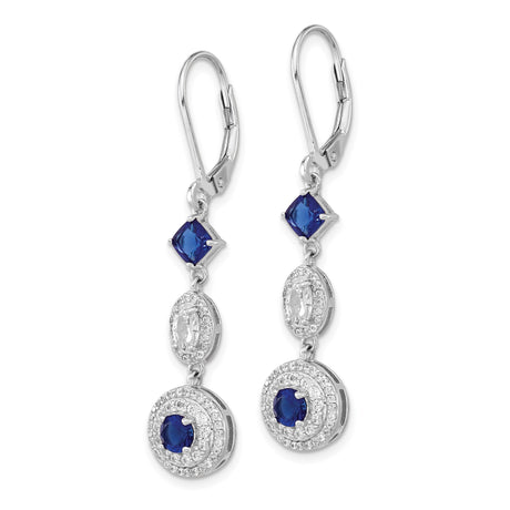 Sterling Silver Dangle Earrings with Oval Blue Sapphires, Round Accents, and Cubic Zirconia