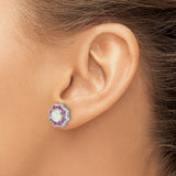 Sterling Silver Flower Stud Earrings with Created Opal Center and Pink Tourmaline Halo