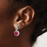 Sterling Silver Dangle Earrings with Lab Created Ruby Center and Cubic Zirconia Halo