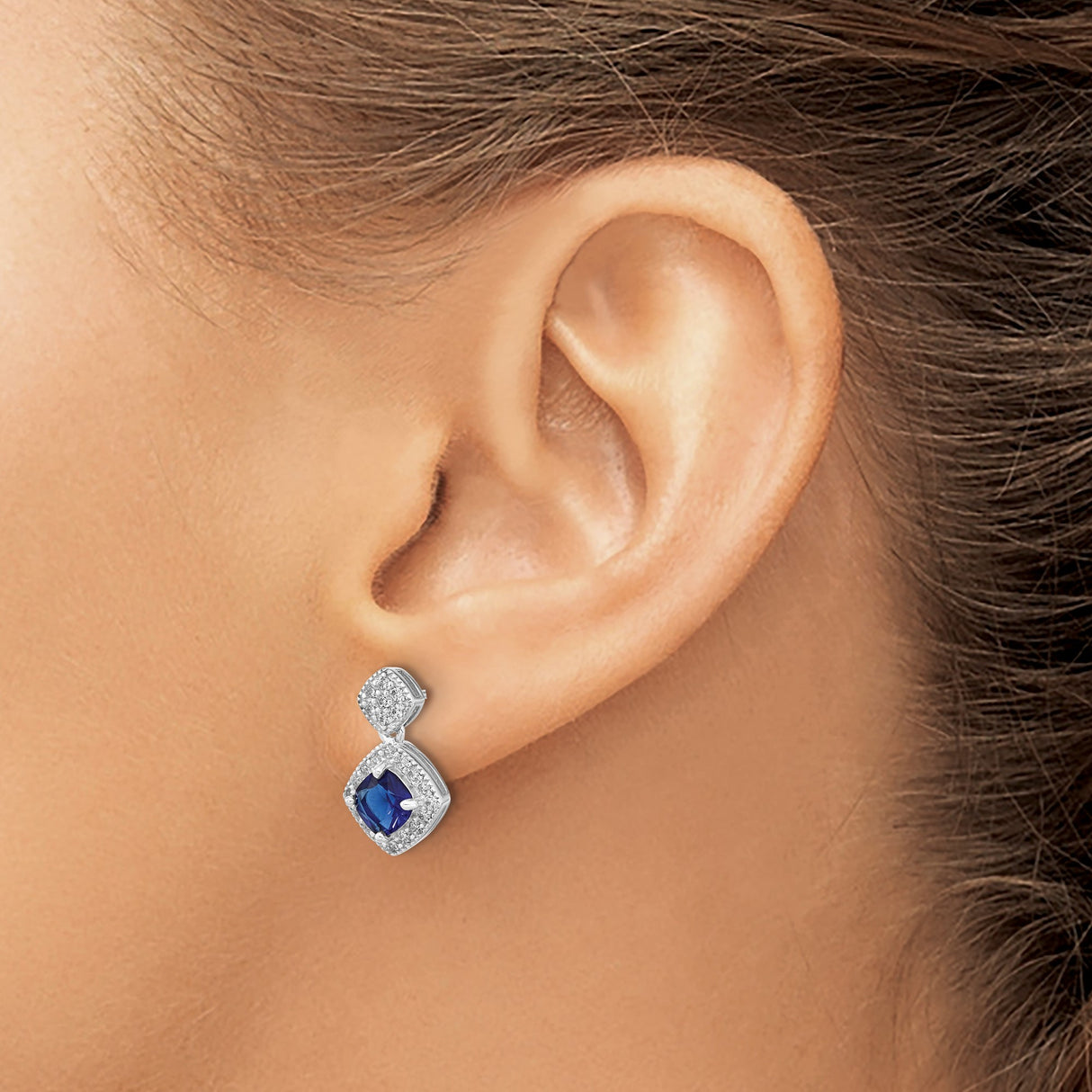 Sterling Silver Dangle Earrings with Blue Sapphire and Cubic Zirconia in Halo Setting