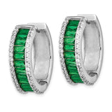 Sterling Silver Hoop Earrings with Emerald Green Baguette Stones and Cubic Zirconia Accents