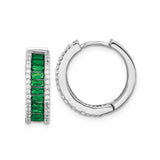 Sterling Silver Hoop Earrings with Emerald Green Baguette Stones and Cubic Zirconia Accents