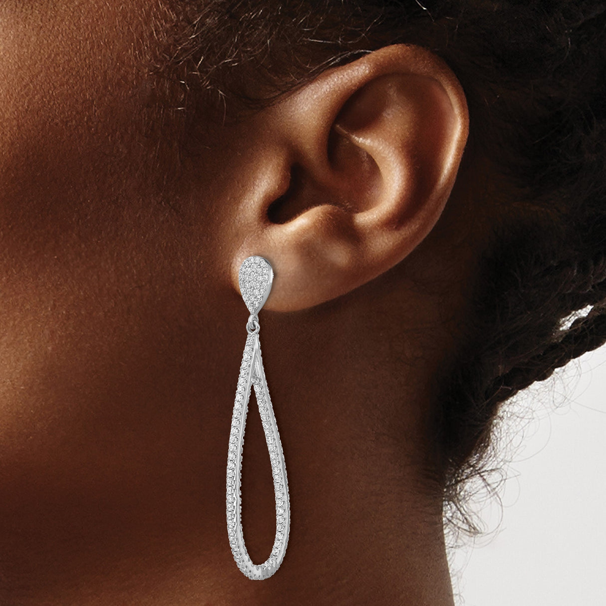 Sterling Silver Teardrop Dangle Earrings with Cubic Zirconia, Double Open Loop Design