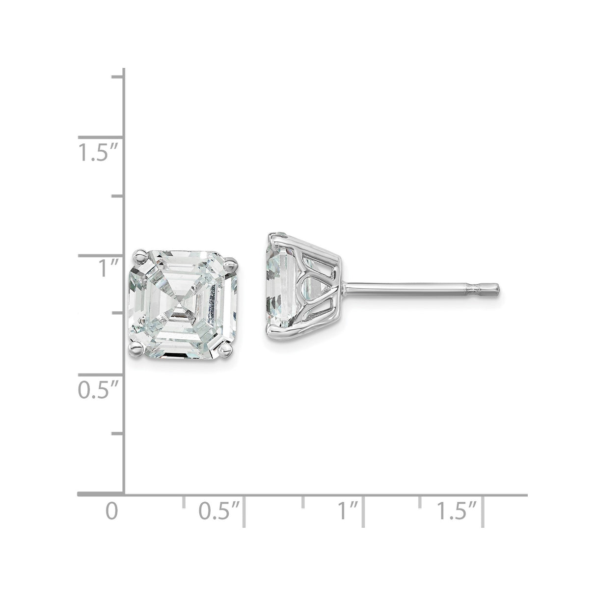 Sterling Silver Stud Earrings with 7mm Asscher Cut Cubic Zirconia, Classic Four Prong Setting