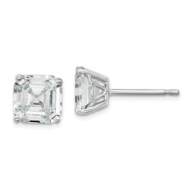 Sterling Silver Stud Earrings with 7mm Asscher Cut Cubic Zirconia, Classic Four Prong Setting