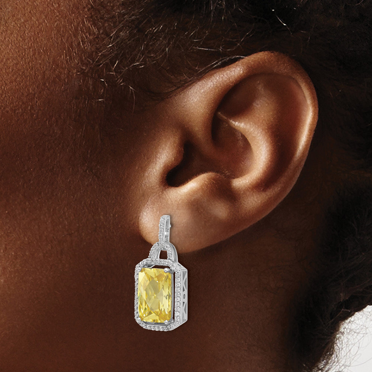 Sterling Silver Drop Earrings with Radiant Cut Yellow Cubic Zirconia and Geometric Side Design