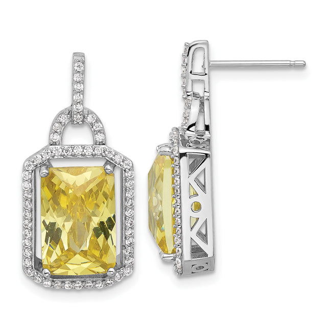 Sterling Silver Drop Earrings with Radiant Cut Yellow Cubic Zirconia and Geometric Side Design