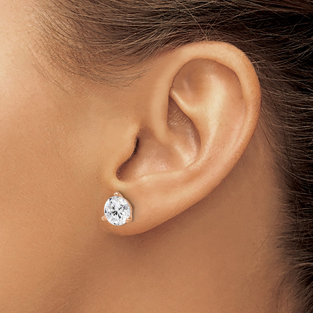 Sterling Silver Rose Gold Plated Stud Earrings with Cubic Zirconia, Three Prong Round Cut