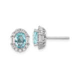 Sterling Silver Stud Earrings with Oval Cut Cubic Zirconia and Halo of Round and Baguette Crystals
