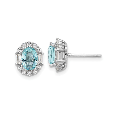 Sterling Silver Stud Earrings with Oval Cut Cubic Zirconia and Halo of Round and Baguette Crystals