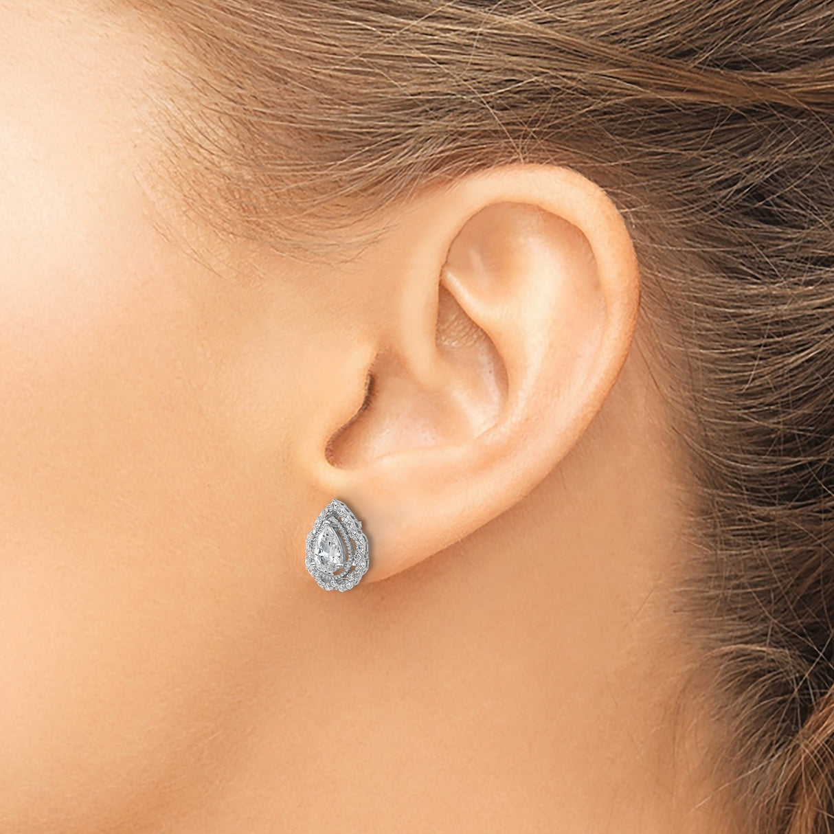 Sterling Silver Teardrop Stud Earrings with Cubic Zirconia and Double Halo Design