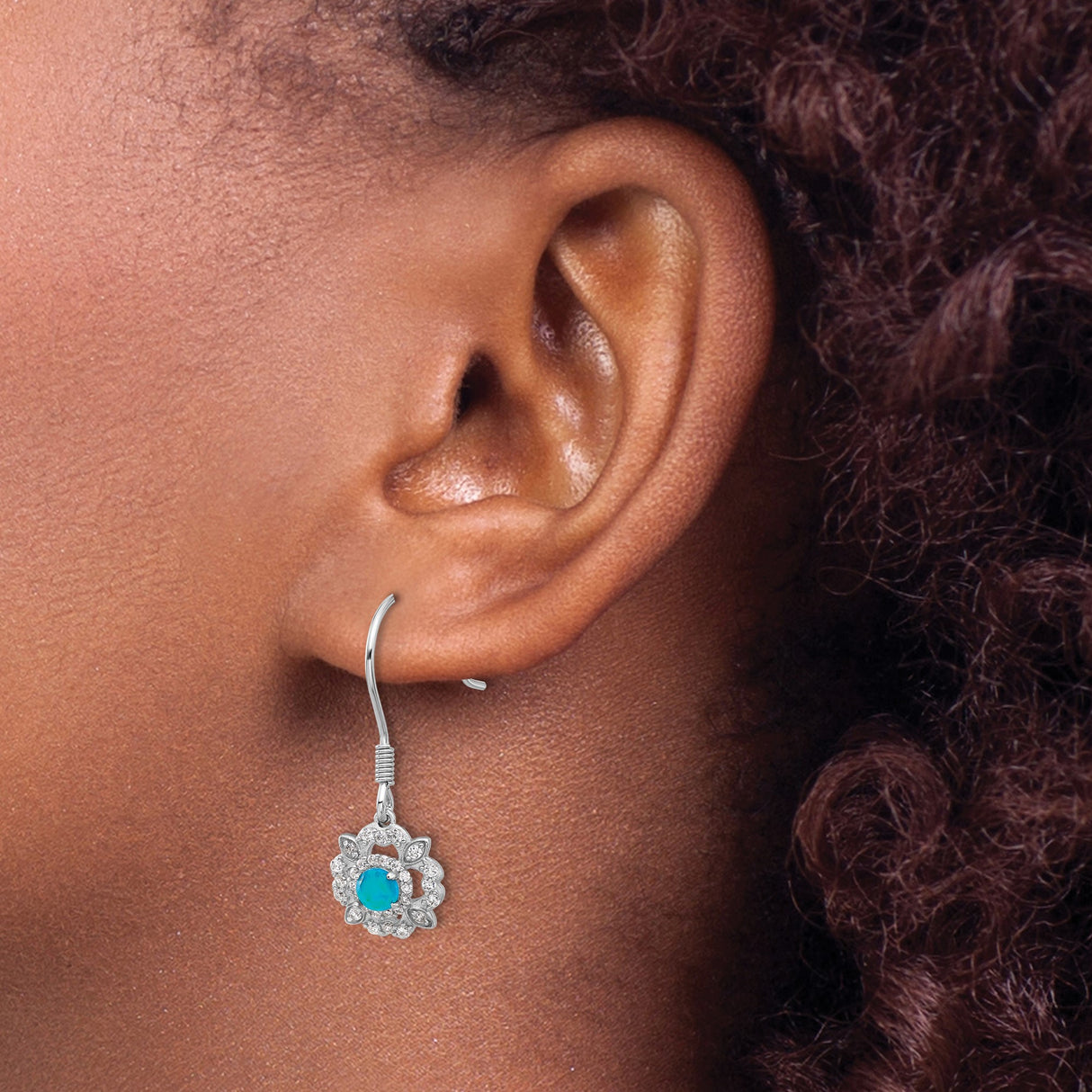 Sterling Silver Drop Earrings with Created Opal and Cubic Zirconia, Floral Petal Design