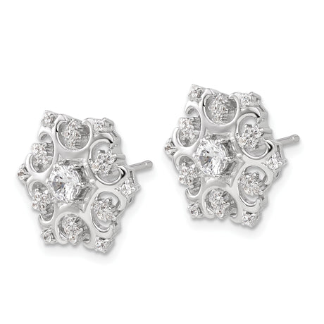 Sterling Silver Floral Stud Earrings with Cubic Zirconia, Filigree Snowflake Design, Vintage-Inspired