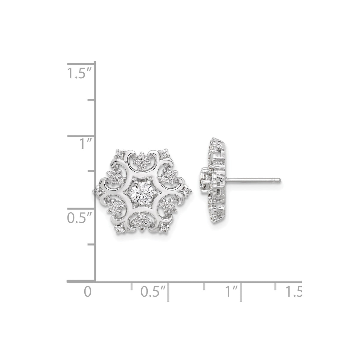 Sterling Silver Floral Stud Earrings with Cubic Zirconia, Filigree Snowflake Design, Vintage-Inspired