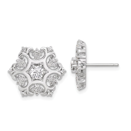 Sterling Silver Floral Stud Earrings with Cubic Zirconia, Filigree Snowflake Design, Vintage-Inspired