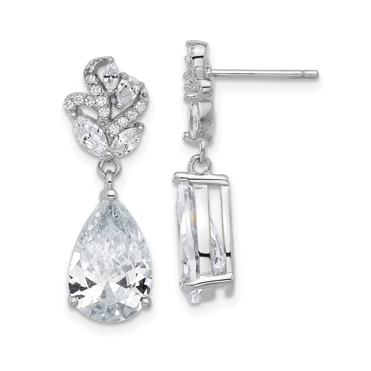 Sterling Silver Dangle Earrings with Marquise and Round Cubic Zirconia, Leaf Design, Teardrop Drop