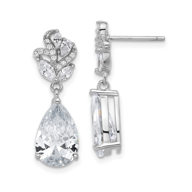 Sterling Silver Dangle Earrings with Marquise and Round Cubic Zirconia, Leaf Design, Teardrop Drop