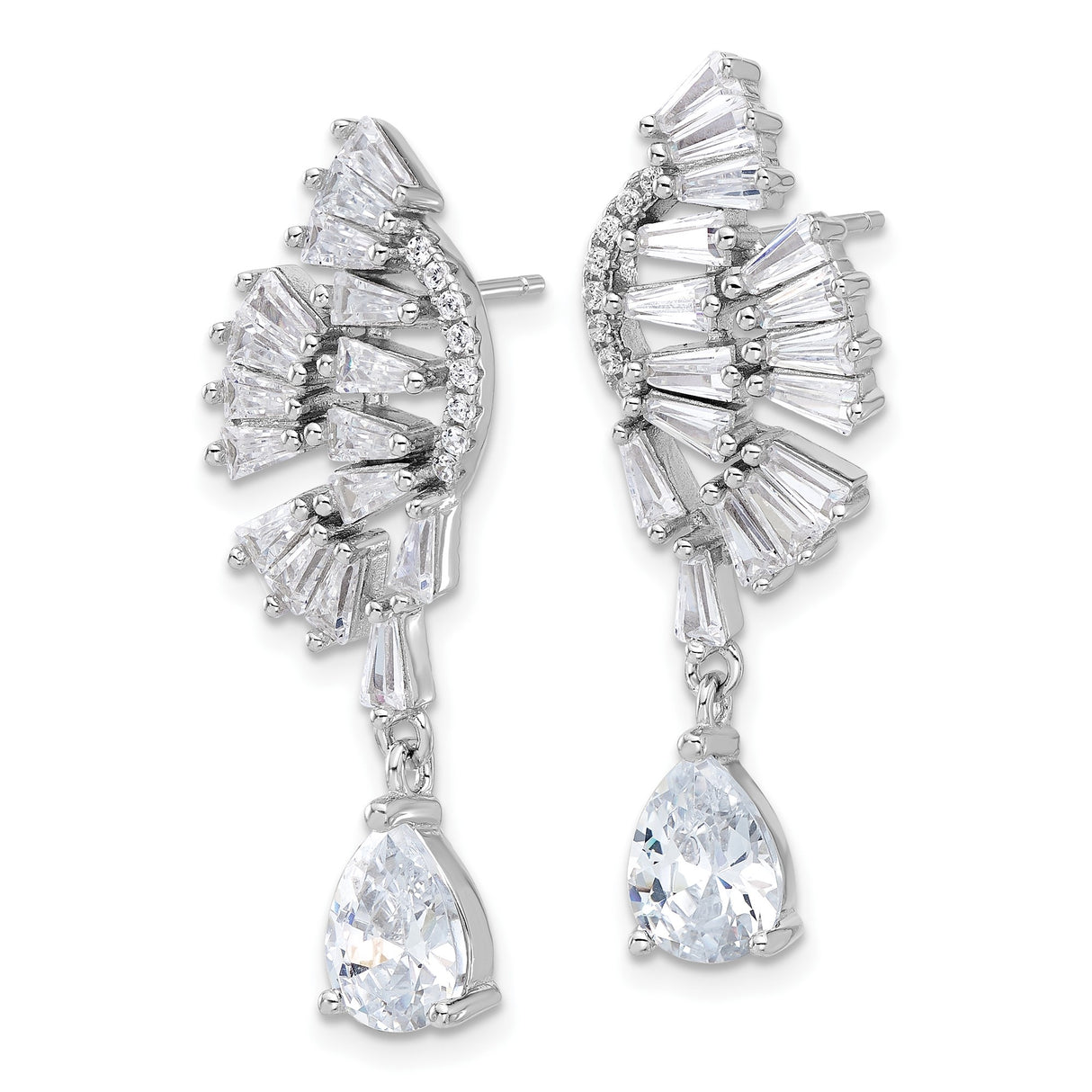 Sterling Silver Drop Earrings with Cubic Zirconia, Asymmetrical Fan and Pear-Shaped Dangles