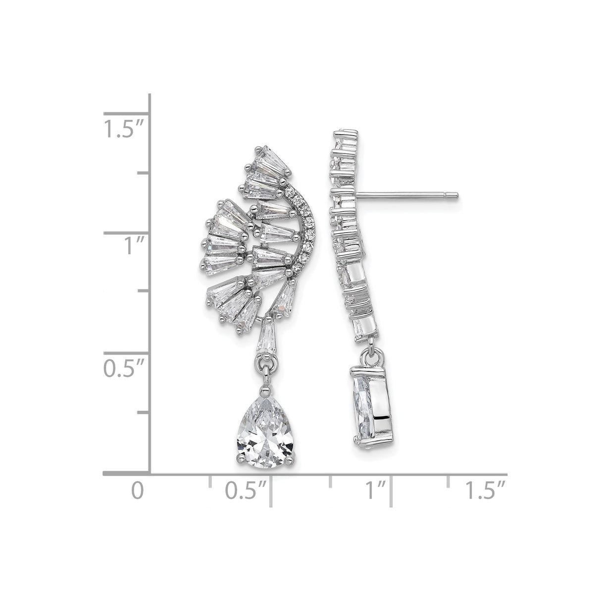 Sterling Silver Drop Earrings with Cubic Zirconia, Asymmetrical Fan and Pear-Shaped Dangles