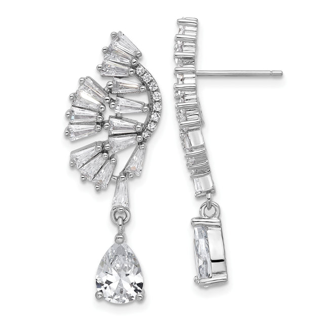 Sterling Silver Drop Earrings with Cubic Zirconia, Asymmetrical Fan and Pear-Shaped Dangles