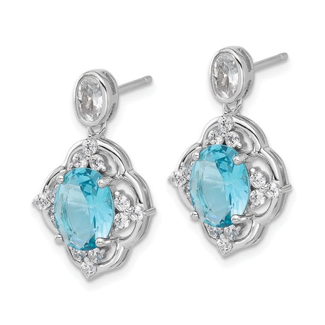 Sterling Silver Dangle Earrings with Oval Cut Glass and Cubic Zirconia Floral Design