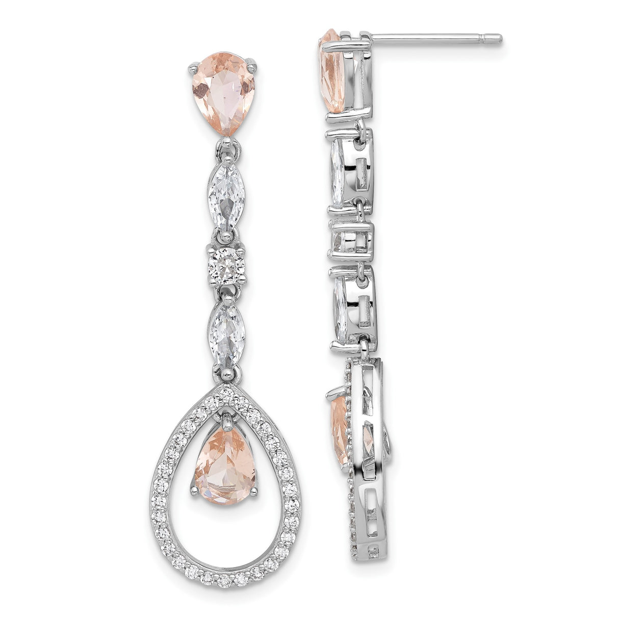 Sterling Silver Dangle Earrings with Pear Shaped Morganite and Cubic Zirconia Accents