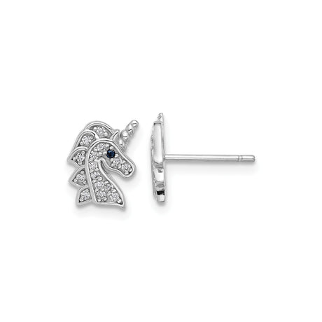 Sterling Silver Unicorn Stud Earrings with Cubic Zirconia Accents, Dark Gemstone Eye, Magical Fantasy Jewelry Design, Enchanted Theme, Whimsical Animal Silver Studs for Women or Girls