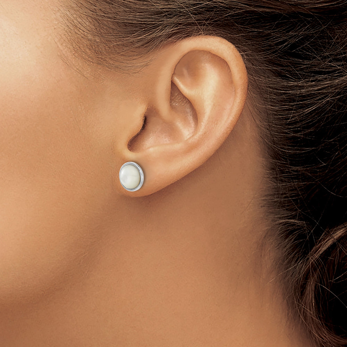 Sterling Silver Stud Earrings with White Mother of Pearl Inlay, Round Bezel Set Design