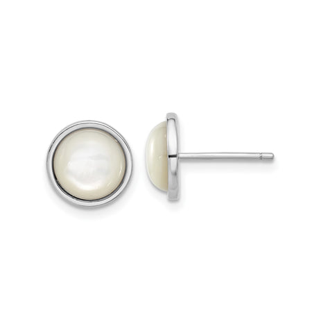Sterling Silver Stud Earrings with White Mother of Pearl Inlay, Round Bezel Set Design