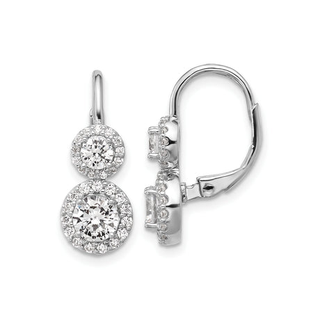 Sterling Silver Drop Earrings with Cubic Zirconia, Double Halo Leverback Design