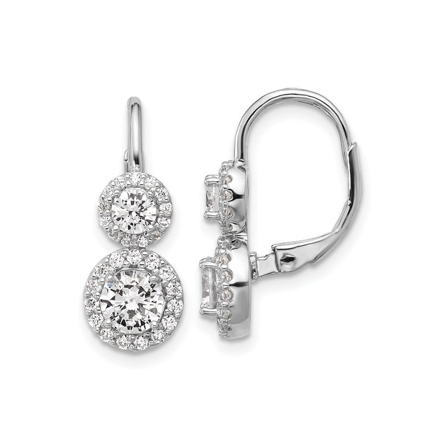 Sterling Silver Drop Earrings with Cubic Zirconia, Double Halo Leverback Design