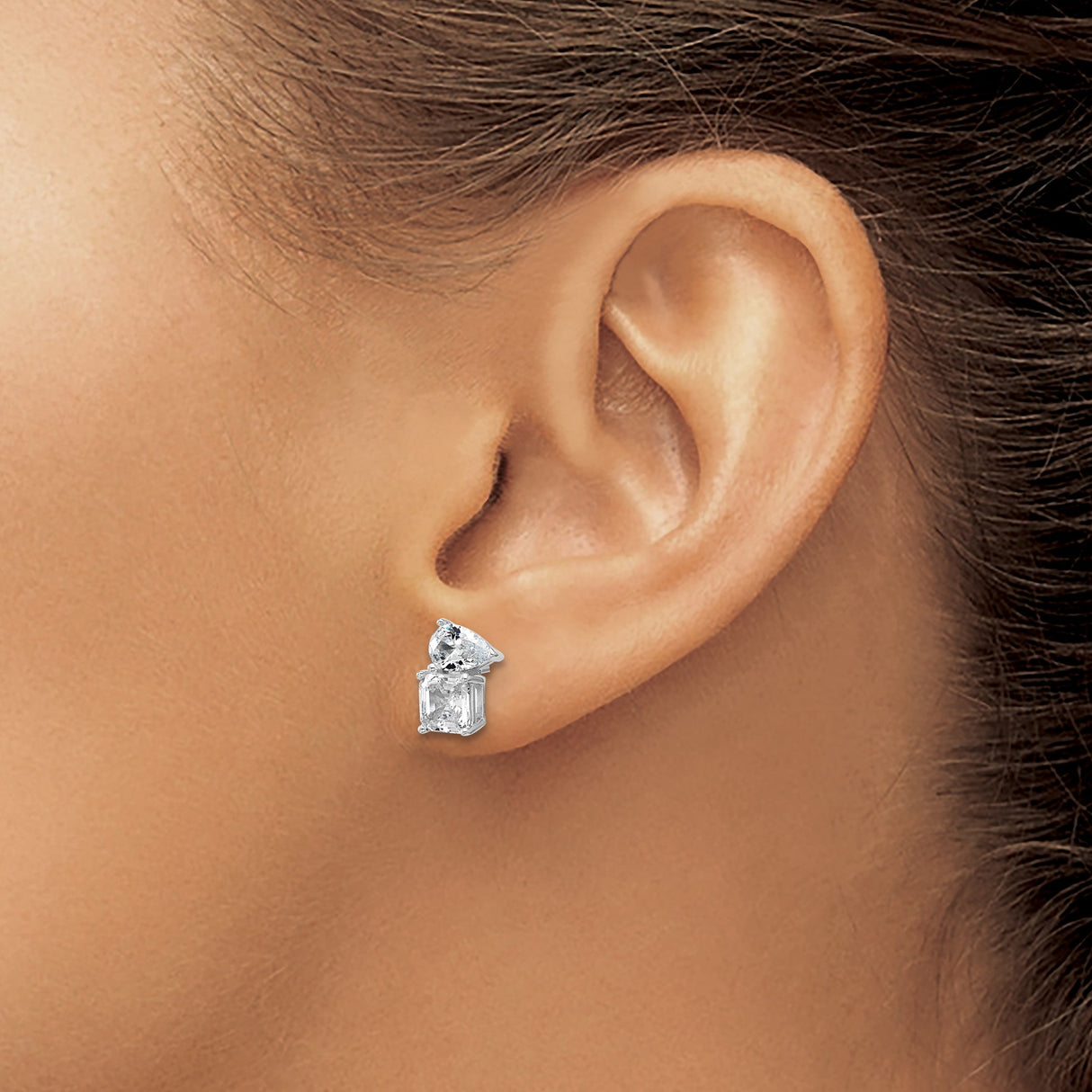 Sterling Silver Stud Earrings with Pear and Square Cubic Zirconia, Dual Stone Design