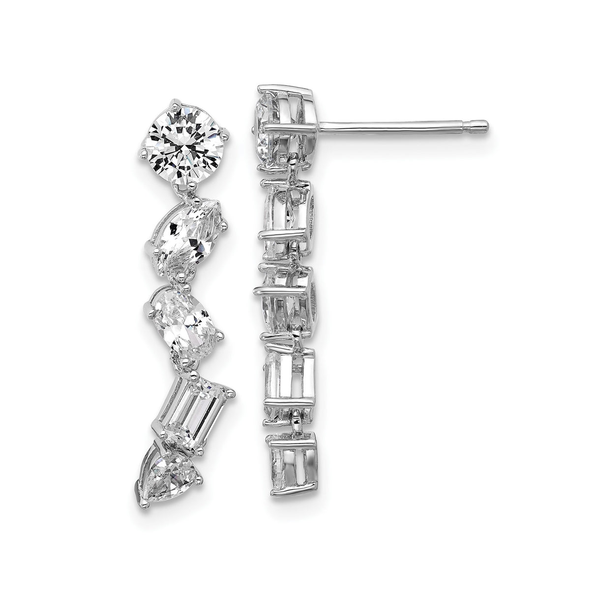 Sterling Silver Drop Earrings with Multi-Cut Cubic Zirconia in Vertical Design