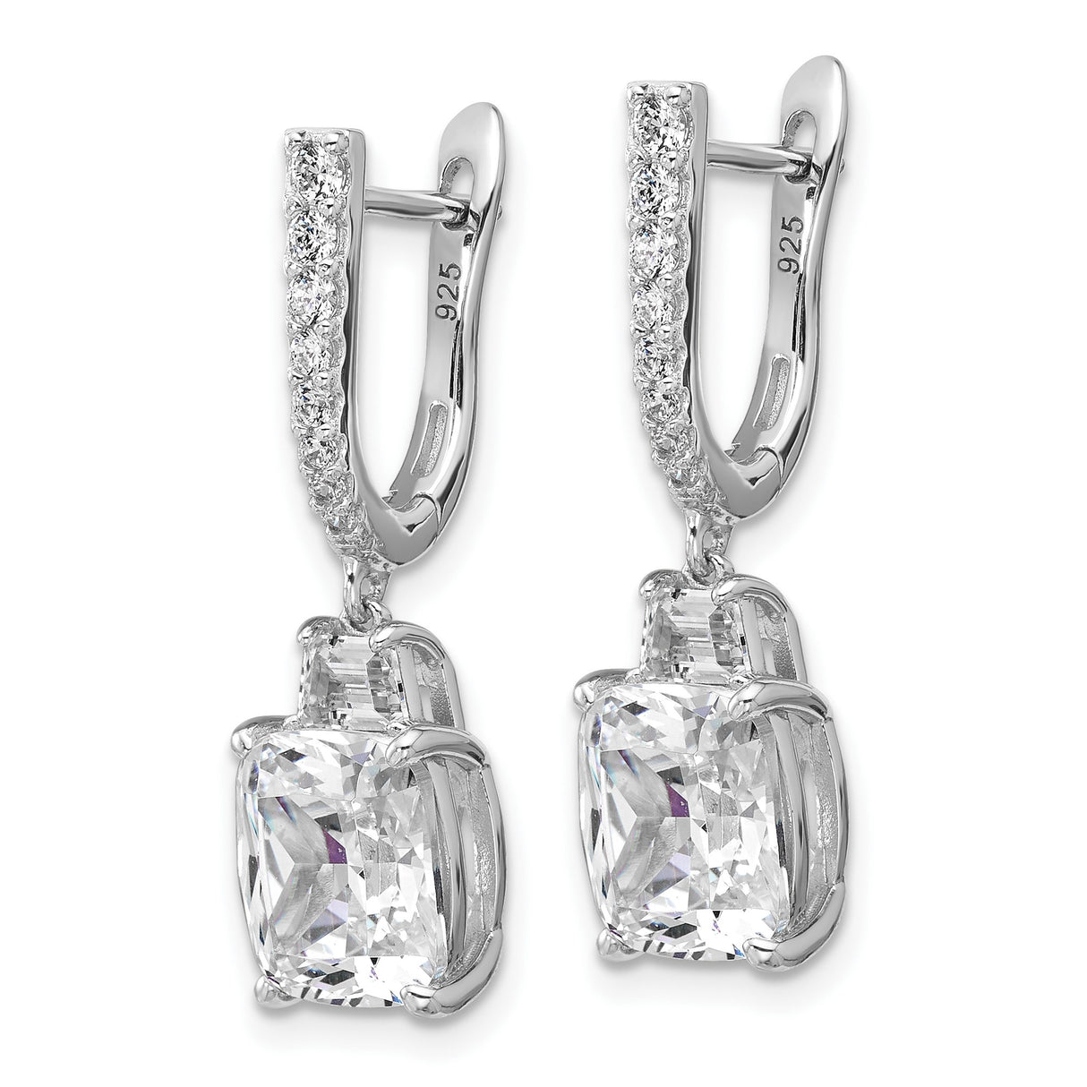 Sterling Silver Drop Earrings with Cushion Cut Cubic Zirconia and Pave Accents