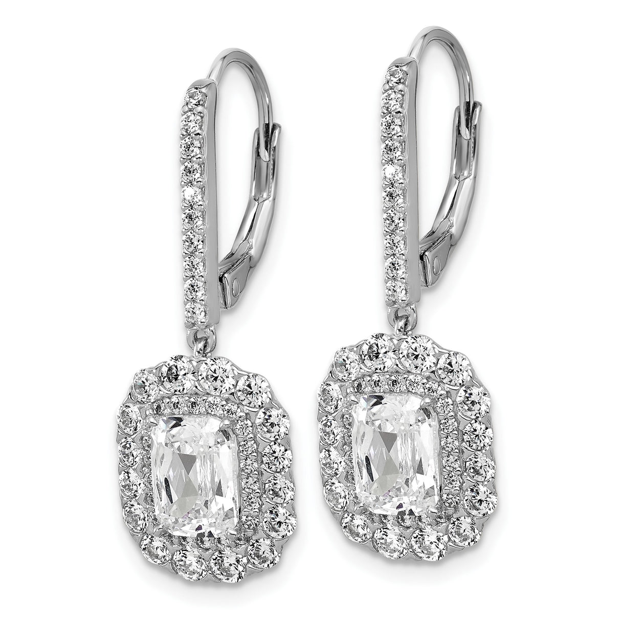 Sterling Silver Drop Earrings with Emerald Cut Cubic Zirconia and Double Halo Design