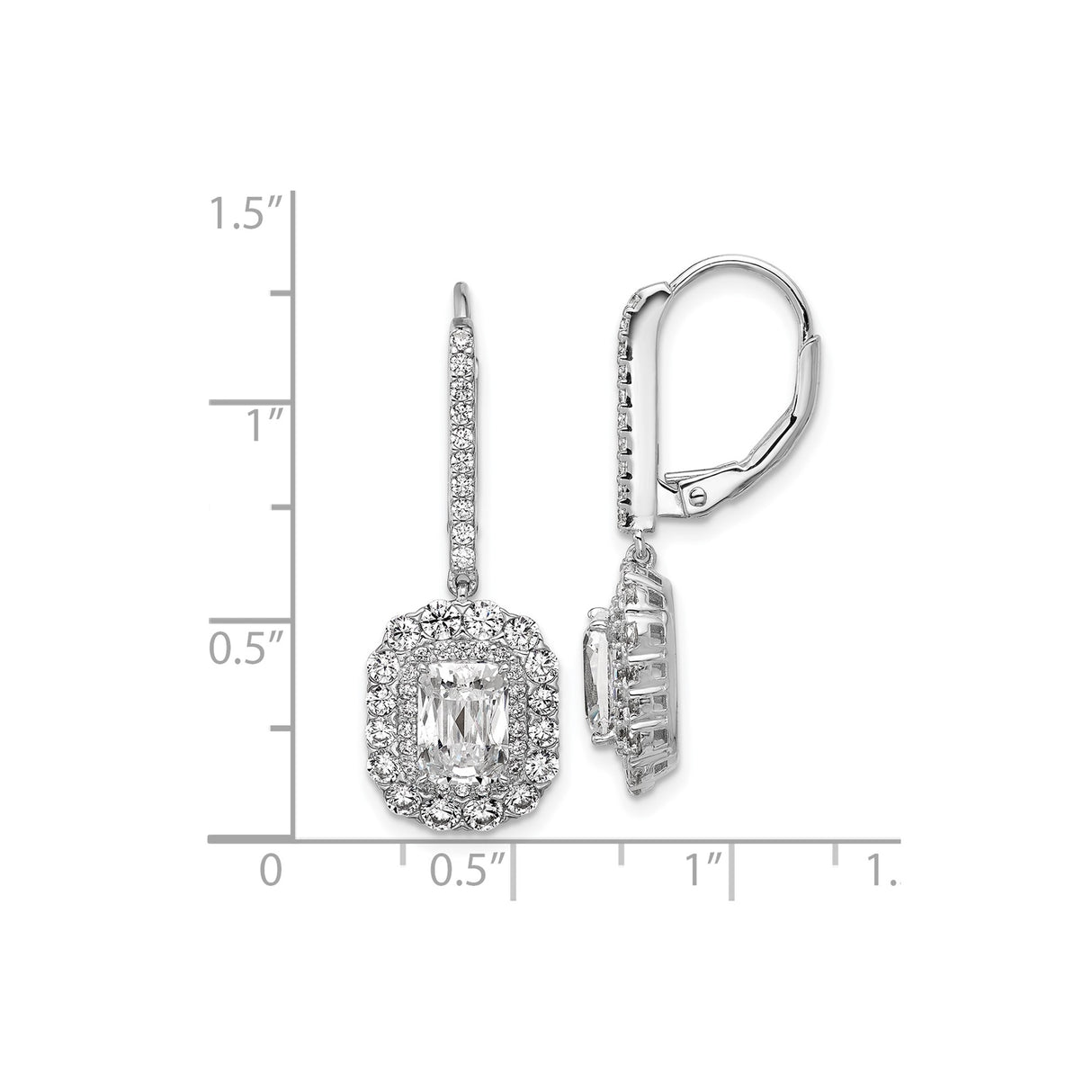 Sterling Silver Drop Earrings with Emerald Cut Cubic Zirconia and Double Halo Design