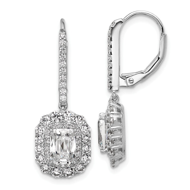 Sterling Silver Drop Earrings with Emerald Cut Cubic Zirconia and Double Halo Design