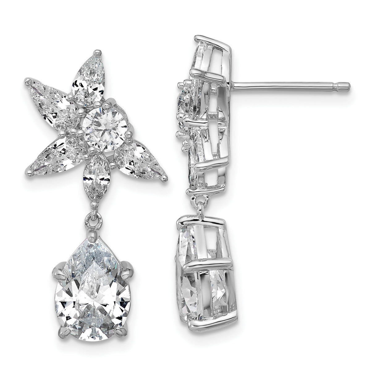 Sterling Silver Dangle Earrings with Cubic Zirconia, Marquise and Round Floral Cluster Design