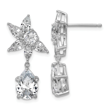 Sterling Silver Dangle Earrings with Cubic Zirconia, Marquise and Round Floral Cluster Design