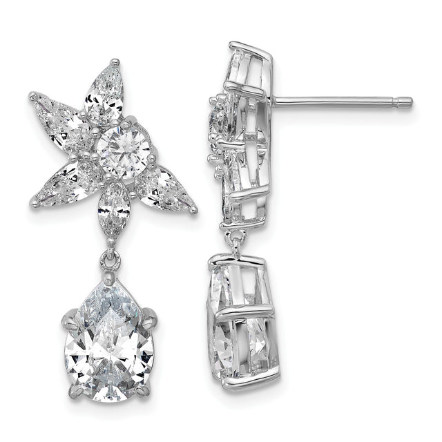 Sterling Silver Dangle Earrings with Cubic Zirconia, Marquise and Round Floral Cluster Design