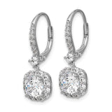 Sterling Silver Drop Earrings with Cushion Cut Cubic Zirconia and Halo Pavé Leverback Design